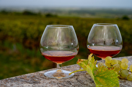 Tasting of Cognac strong alcohol drink in Cognac region, Grand Champagne, Charente with rows of ripe ready to harvest ugni blanc grape on background uses for spirits distillation, Franceの写真素材