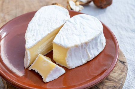 Cheese collection, French cheese from Normandy region, heart-shaped Neufchatel from farm shop close upの写真素材