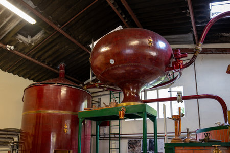 Double distillation process of cognac spirit in Charentias copper still pots and boilers in old distillery in Cognac white wine region, Charente, Segonzac, Grand Champagne, Franceの写真素材