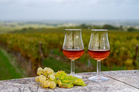 Tasting of Cognac strong alcohol drink in Cognac region, Grand Champagne, Charente with rows of ripe ready to harvest ugni blanc grape on background uses for spirits distillation, Franceの写真素材
