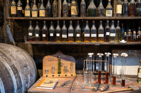 Blending process of cognac spirit and old dark French oak barrels in cellar in old family distillery house, Cognac white wine region, Charente, Segonzac, Grand Champagne, Franceの写真素材