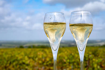 Tasting of grand cru sparkling white wine with bubbles champagne on chardonnay vineyards in Avize, Ay grand cru wine producer small village, Cote des Blancs, Champagne, Franceの写真素材