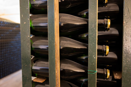 Traditional method of production of cremant sparkling wine in south part of Luxembourg country on...