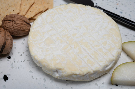 French soft Cremeux de Normandie cheese, soft creamy cheese with white mold close upの写真素材