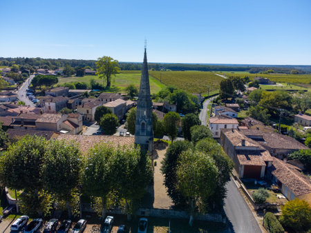 Aerial view on Sauternes village and vineyards, making of sweet dessert Sauternes wines from Semillon grapes affected by Botrytis cinerea noble rot, Bordeaux, Franceの写真素材