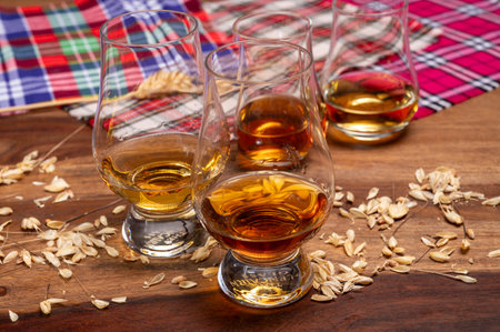 Tasting of different Scotch whiskeys strong alcoholic drinks, drum glass of whiskey and colorful Scotch tartan on background close upの写真素材