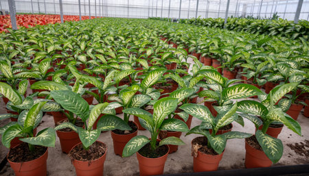 Cultivation of differenent green tropical and exotic indoor scindapsus evergreen plants in glasshouse in Westland, North Holland.. Flora industry in Netherlandsの写真素材