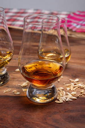 Tasting of different Scotch whiskeys strong alcoholic drinks, drum glass of whiskey and colorful Scotch tartan on background close upの写真素材