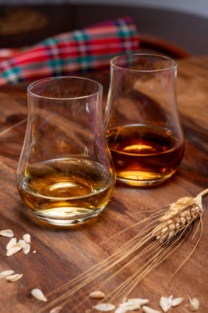 Tasting of different Scotch whiskeys strong alcoholic drinks, drum glass of whiskey and colorful Scotch tartan on background close upの写真素材