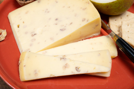Piece of Dutch Gouda cheese made from cow milk with added walnuts close up, cheese tasting on farmの写真素材