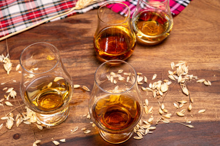 Tasting of different Scotch whiskeys strong alcoholic drinks, drum glass of whiskey and colorful Scotch tartan on background close upの写真素材
