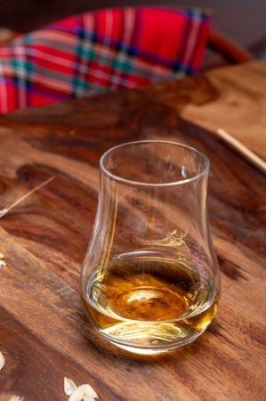 Tasting of different Scotch whiskeys strong alcoholic drinks, drum glass of whiskey and colorful Scotch tartan on background close upの写真素材