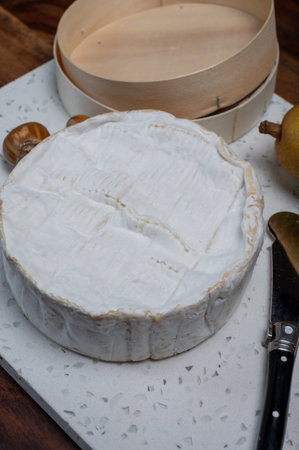 French soft Camembert cheese, original Camembert de Normandie, close up with white moldの写真素材