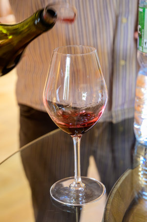 Sommelier or waiter pouring of burgundy red wine from grand cru pinot noir vineyards, glass of wine and view on green vineyards in Burgundy Cote de Nuits wine region.の写真素材