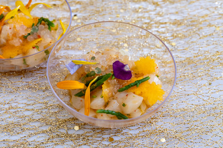 Degustation appetizers for visitors made by great chefs of haute cuisine French restaurants, winter festival, Avenue de Champagne, Epernay, Franceの写真素材