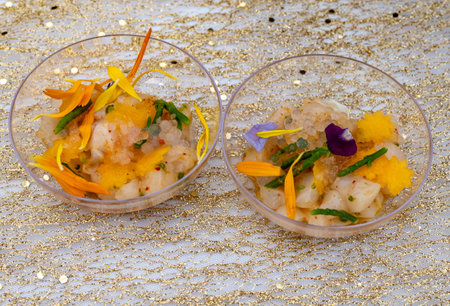 Degustation appetizers for visitors made by great chefs of haute cuisine French restaurants, winter festival, Avenue de Champagne, Epernay, Franceの写真素材