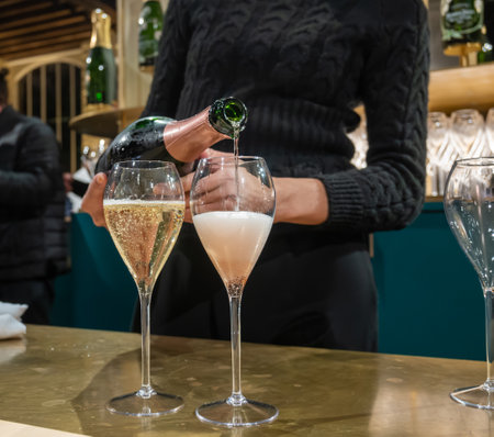 Pouring and tasting of sparkling wine champagne on winter weekend festival in December on Avenue de Champagne, Epernay, Champagne region, Franceの写真素材