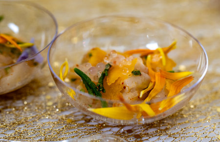 Degustation appetizers for visitors made by great chefs of haute cuisine French restaurants, winter festival, Avenue de Champagne, Epernay, Franceの写真素材