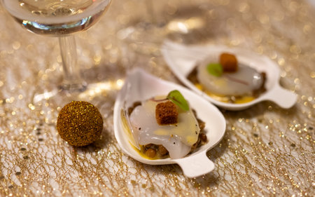 Degustation appetizers for visitors made by great chefs of haute cuisine French restaurants, winter festival, Avenue de Champagne, Epernay, Franceの写真素材