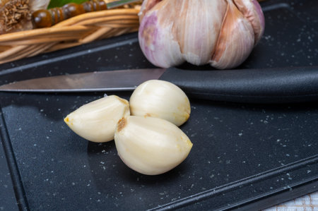 Cooking with dried French garlic. Red garlic. Aromatic violet garlic.の写真素材