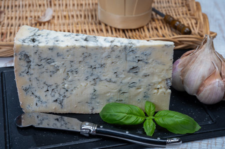 Italian food, buttery or firm blue cheese made from cow milk in Gorgonzola, Milan, Italy close upの写真素材