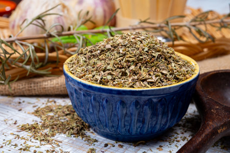 Herbes de Provence, mixture of dried herbs typical of the Provence region, blends often contain savory, marjoram, rosemary, thyme, oregano, lavender leaves, used with grilled food and stew close upの写真素材