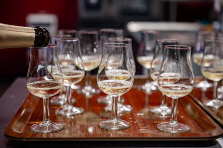 Many small tasting glasses of sparkling champagne wine on winter festival in December, Avenue de Champagne, Epernay, Champagne region, Franceの写真素材