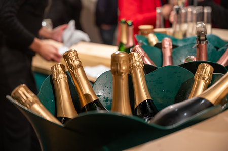 Bottles of cold sparkling wine champagne on winter weekend festival in December on Avenue de Champagne, Epernay, Champagne region, Franceの写真素材