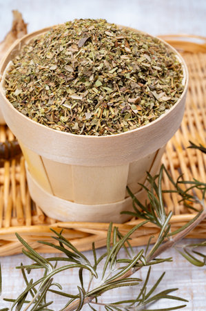 Herbes de Provence, mixture of dried herbs typical of the Provence region, blends often contain savory, marjoram, rosemary, thyme, oregano, lavender leaves, used with grilled food and stew close upの写真素材