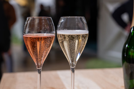 Glass with little bubbles, tasting of sparkling wine champagne on winter festival in December, Avenue de Champagne, Epernay, Champagne region, Franceの写真素材