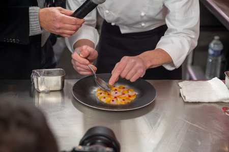 Cooking master class for visitors, great chefs high cuisine French restaurants, fine dining, winter festival, Avenue de Champagne, Epernay, Franceの写真素材
