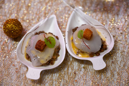 Degustation appetizers for visitors made by great chefs of haute cuisine French restaurants, winter festival, Avenue de Champagne, Epernay, Franceの写真素材