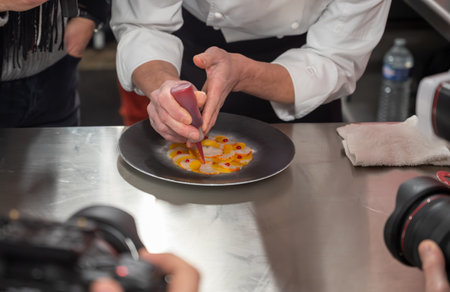 Cooking master class for visitors, great chefs high cuisine French restaurants, fine dining, winter festival, Avenue de Champagne, Epernay, Franceの写真素材
