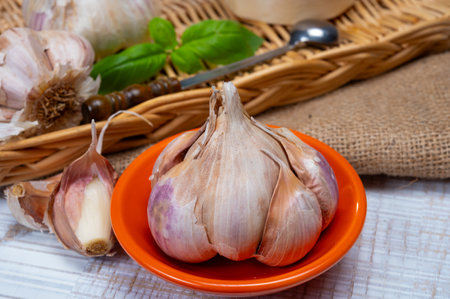 Cooking with dried French garlic. Red garlic. Aromatic violet garlic.の写真素材