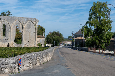 Views of old houses and narrow hilly streets of medieval town St. Emilion, production of red Bordeaux wine on cru class vineyards in Saint-Emilion wine making region, France, Bordeauxの写真素材