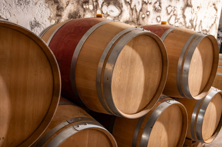 French oak wooden barrels for aging red wine in underground cellar, Saint-Emilion wine making region picking, cru class Merlot or Cabernet Sauvignon red wine grapes, France, great wines of Bordeauxの写真素材