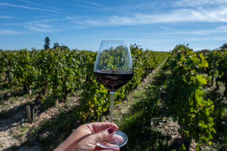 Tasting of red Bordeaux wine, Merlot or Cabernet Sauvignon red wine grapes on cru class vineyards in Pomerol, Saint-Emilion wine making region, France, Bordeauxの写真素材