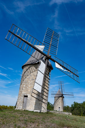 View on old grain mills near medieval town St. Emilion, production of red Bordeaux wine on cru class vineyards in Saint-Emilion wine making region, France, Bordeauxの写真素材