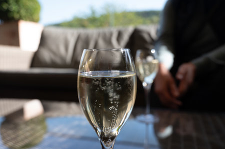Wine tasting. Traditional method of production of cremant sparkling wine in south part of Luxembourg country on bank of Moezel, also known as Mosel, Moselle or Musel river.の写真素材