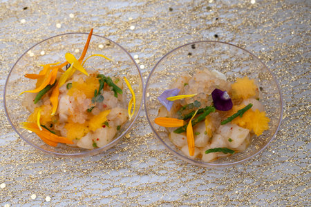 Degustation appetizers for visitors made by great chefs of haute cuisine French restaurants, winter festival, Avenue de Champagne, Epernay, Franceの写真素材