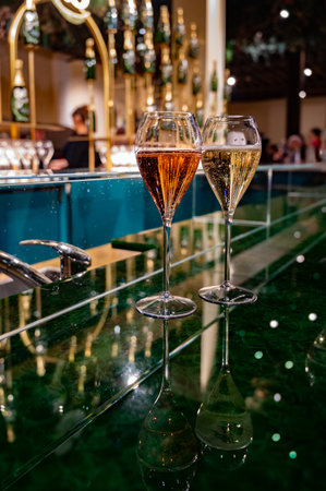 Glasses with little bubbles, tasting of sparkling wine champagne, winter festival in December, Avenue de Champagne, Epernay, Champagne region, Franceの写真素材