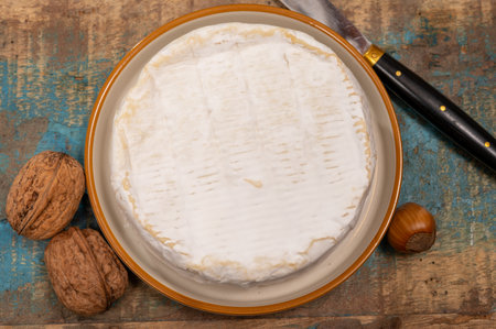French soft Camembert cheese, original Camembert de Normandie with white moldの写真素材
