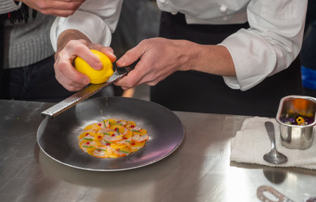 Cooking master class for visitors, great chefs high cuisine French restaurants, fine dining, winter festival, Avenue de Champagne, Epernay, Franceの写真素材