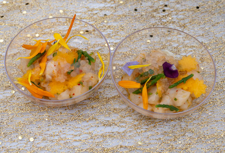 Degustation appetizers for visitors made by great chefs of haute cuisine French restaurants, winter festival, Avenue de Champagne, Epernay, Franceの写真素材