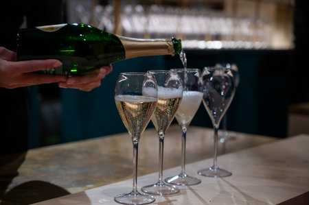 Pouring and tasting of dry sparkling wine champagne on winter weekend festival in December on Avenue de Champagne, Epernay, Champagne region, Franceの写真素材