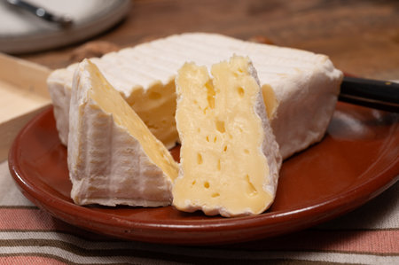 French squared pont l'eveque cow cheese from Calvados department, close-up, Pont l'eveque village, Normandy, Franceの写真素材