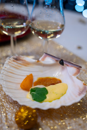 Degustation appetizers for visitors made by great chefs of haute cuisine French restaurants, winter festival, Avenue de Champagne, Epernay, Franceの写真素材