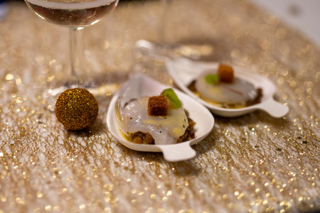 Degustation appetizers for visitors made by great chefs of haute cuisine French restaurants, winter festival, Avenue de Champagne, Epernay, Franceの写真素材