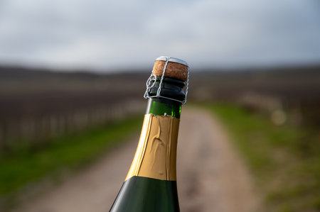 Bottle of Champagne wine on Champagne grand cru vineyards near Verzenay, rows grape vines, no leaves, green grass, wine making in Franceの写真素材