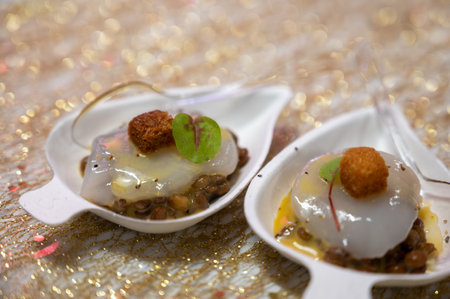 Degustation appetizers for visitors made by great chefs of haute cuisine French restaurants, winter festival, Avenue de Champagne, Epernay, Franceの写真素材